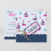 Scheepvaart Ahoy! Girl Birthday Invite Square 1 Kaart (Voorkant / Achterkant)