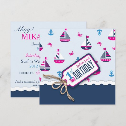 Scheepvaart Ahoy! Girl Birthday Invite Square 1 Kaart (Voorkant / Achterkant)