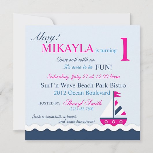Scheepvaart Ahoy! Girl Birthday Invite Square 1 Kaart (Achterkant)