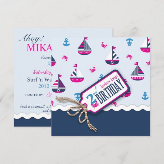 Scheepvaart Ahoy! Girl Birthday Invite Square 2 Kaart (Voorkant / Achterkant)