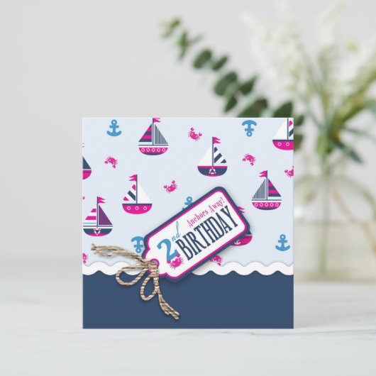 Scheepvaart Ahoy! Girl Birthday Invite Square 2 Kaart (Staand voorkant)