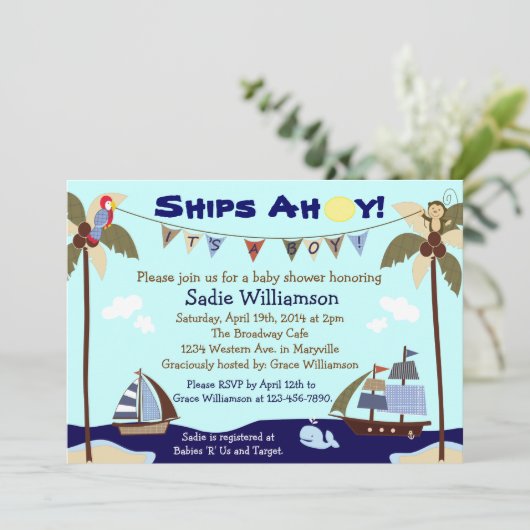 Scheepvaart Ahoy Nautical Baby shower Invitation Kaart (Staand voorkant)