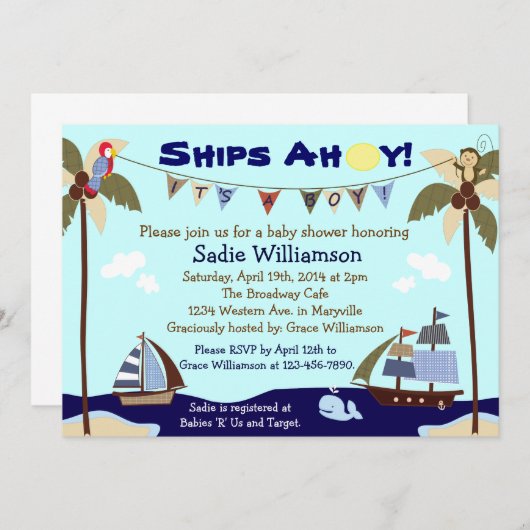 Scheepvaart Ahoy Nautical Baby shower Invitation Kaart (Voorkant / Achterkant)