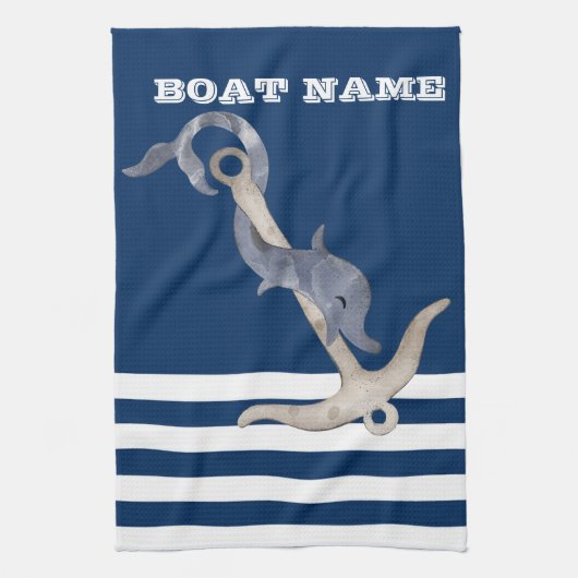 Scheepvaart, Anker Dolfijn Marineblauw Gestreepd Theedoek (Verticaal)