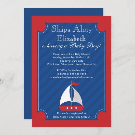 Scheepvaart Baby shower Ahoy Nautical Sailboot Boy Kaart (Voorkant / Achterkant)