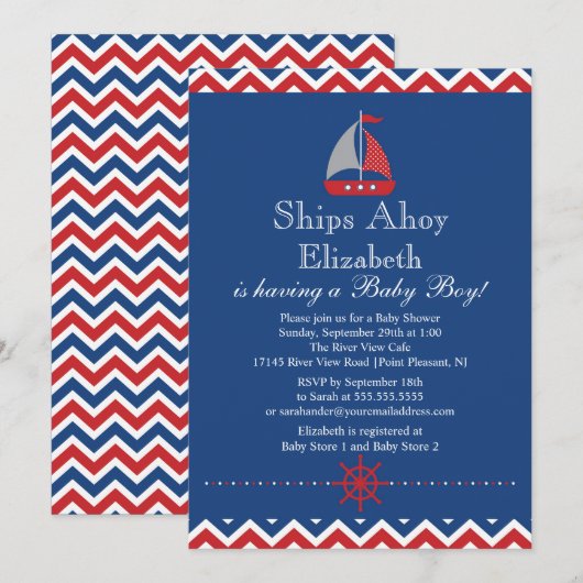 Scheepvaart Baby shower Ahoy Nautical Sailboot Boy Kaart (Voorkant / Achterkant)