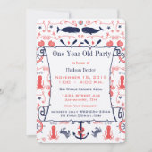 Scheepvaart Eén Jaar Verjaardag Koraal Marineblauw Kaart (Voorkant)