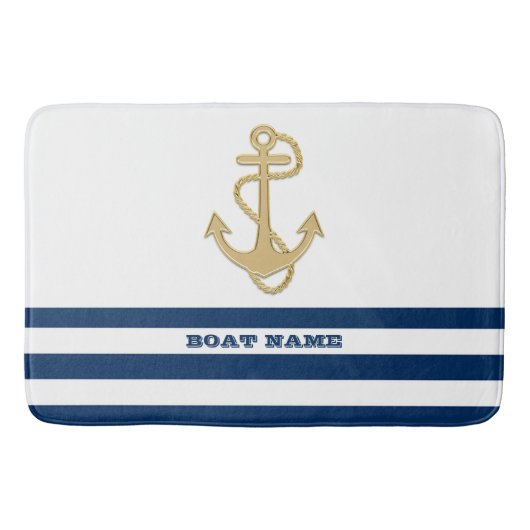Scheepvaart, Gouden Anker Marineblauw Witte Strep Badmat (Voorkant)