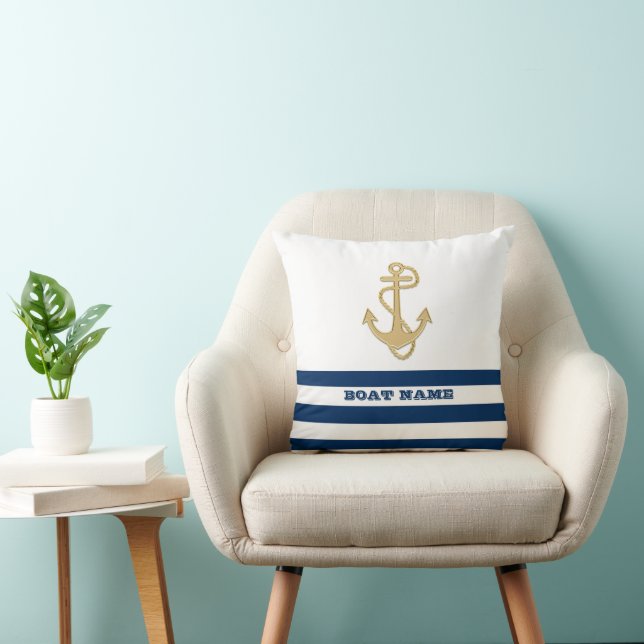 Scheepvaart, Gouden Anker  Marineblauw Witte Strep Kussen (Stoel)
