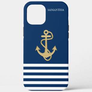 Scheepvaart, Gouden Anker Marineblauwe Gestreepte Case-Mate iPhone Case