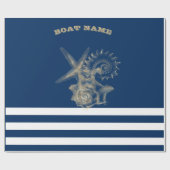Scheepvaart, Gouden schelpen Marineblauwe strepen Cadeaupapier (Vlak)