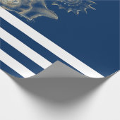 Scheepvaart, Gouden schelpen Marineblauwe strepen Cadeaupapier (Hoek)