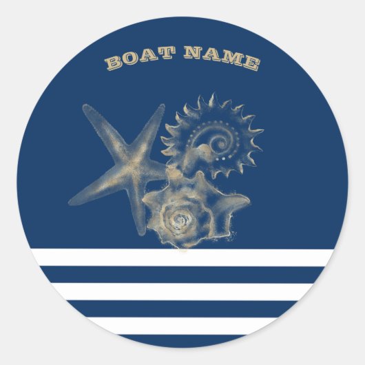 Scheepvaart, Gouden schelpen Marineblauwe strepen Ronde Sticker (Voorkant)