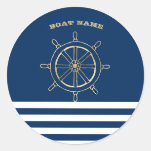 Scheepvaart, Gouden stuurwiel, marineblauwe strepe Ronde Sticker