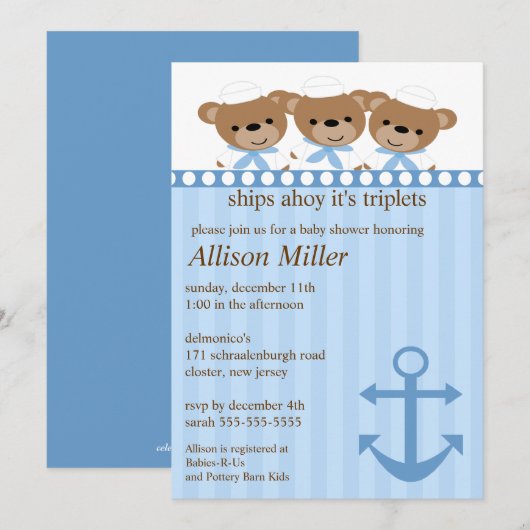 Scheepvaart Het Baby shower van TRIPLET Kaart (Voorkant / Achterkant)