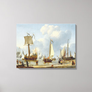 Scheepvaart in Calm Water met cijfers van de kust Canvas Afdruk