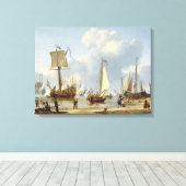 Scheepvaart in Calm Water met figuren van de kust Canvas Afdruk (Insitu (Houten vloer))