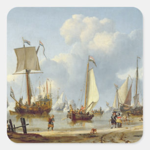 Scheepvaart in Calm Water met figuren van de kust Vierkante Sticker