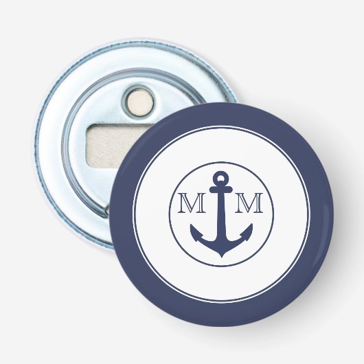 Scheepvaart Marine Blauw Witte Krab Anker Monogram Button Flesopener (Voorkant)