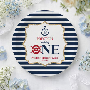 Scheepvaart Marineblauw EEN Eerste 1e Verjaardagsf Papieren Bordje