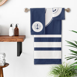 Scheepvaart Marineblauw Witte Strepen Anker Monogr Bad Handdoek