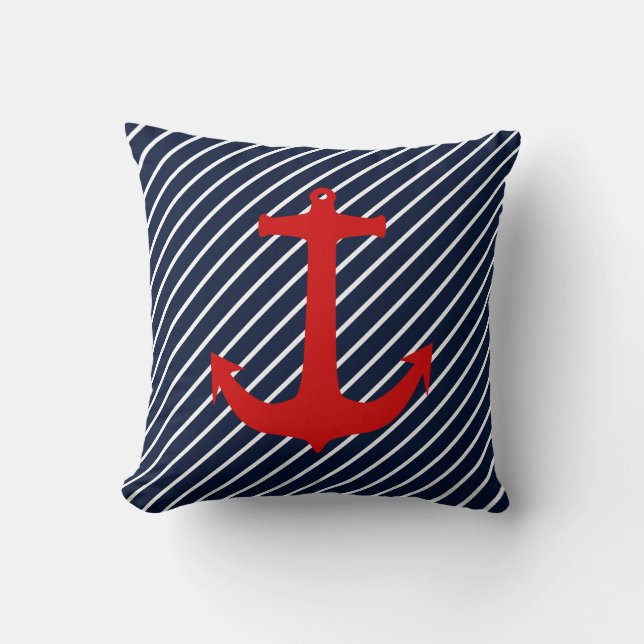 Scheepvaart Marineblauwe Diagonale Streep Rode Ank Kussen (Voorkant)