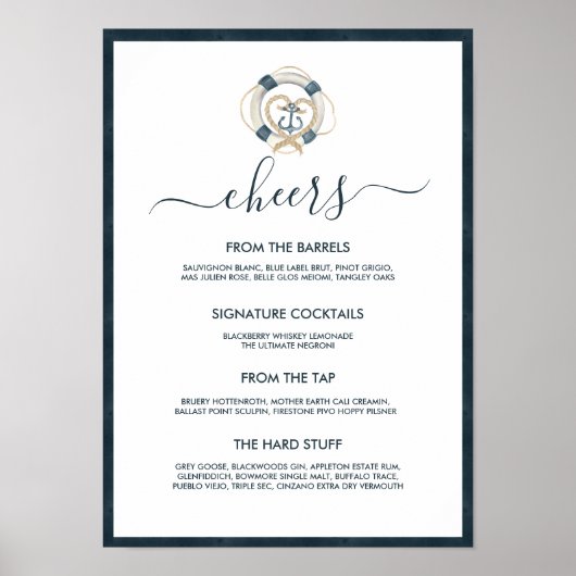 Scheepvaart Navy & Witte Bruiloftsbarmenu Poster (Voorkant)