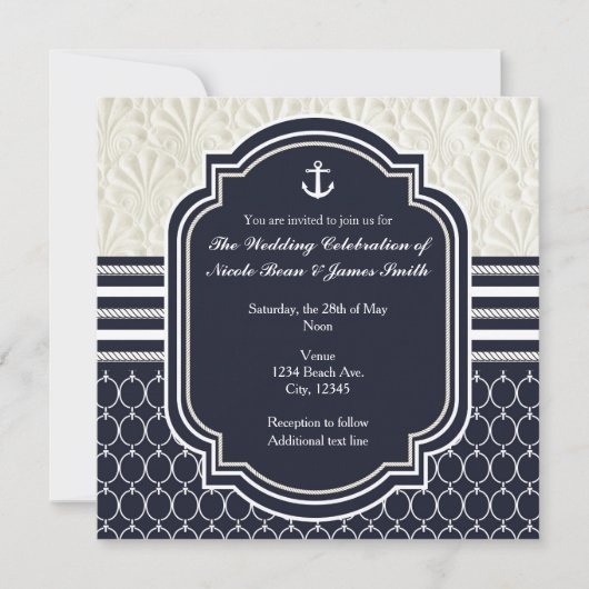 Scheepvaart Navy & Witte Elegante Strand Bruiloft Kaart (Voorkant)
