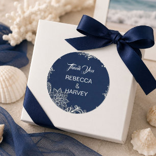 scheepvaart strand witte kant navyblauw trouwen ronde sticker