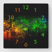 Scheerwielmechanica zwart neongroen sinaasappel vierkante klok (Voorkant)
