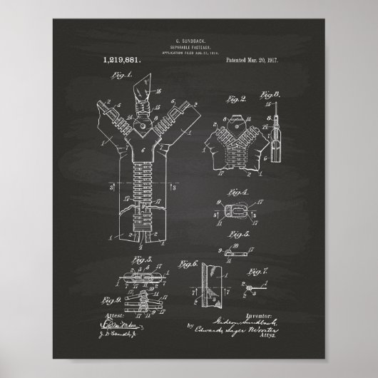Scheidbare Fastener 1917 Patent Art Chalkboard Poster (Voorkant)