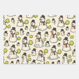 Scheidende Kerstmannen Sneeuwmannen Patroon Inpakpapier Vel