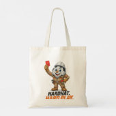 Scheidsrechter met bouwhelm speelt voetbal tote bag (Achterkant)