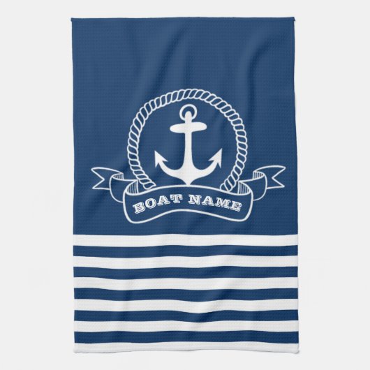 Schel anchor marineblauw gestreept theedoek (Verticaal)
