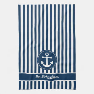 Schel anchor met touw op marineblauwe strepen theedoek