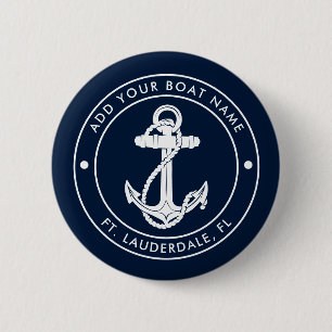 Schelanker Anchor en Bootnaam Navy Blauwe Maatwerk Ronde Button 5,7 Cm