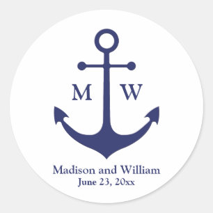 Schelanker anker marine wit aangepaste monogram &  ronde sticker