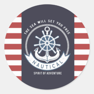 Schelanker, Stuurwiel, Marineblauw, Rode Strepen Ronde Sticker