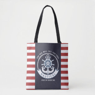 Schelanker, Stuurwiel, Marineblauw, Rode Strepen Tote Bag