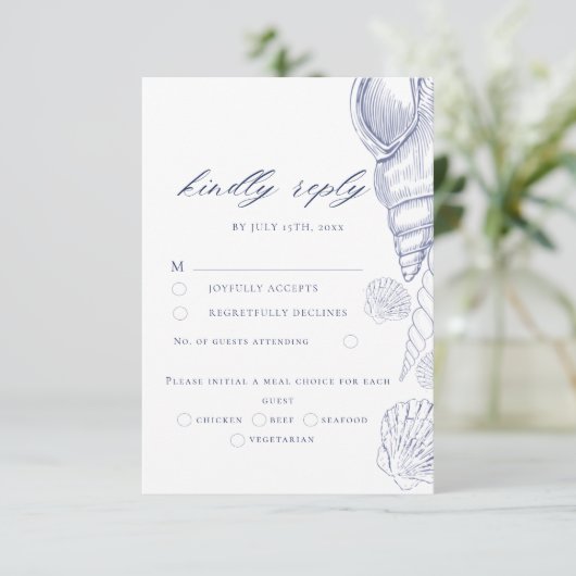 Schelp Blauw & Witte Kust Bruiloft RSVP Kaart (Staand voorkant)