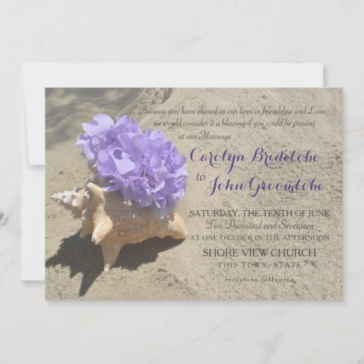 Schelp en paarse Hydrangea in zand Kaart (Voorkant)