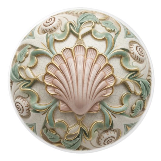 Schelp Nep Reliëf Zee Schelp Crème Goud & Groen Keramische Knop (Voorkant)