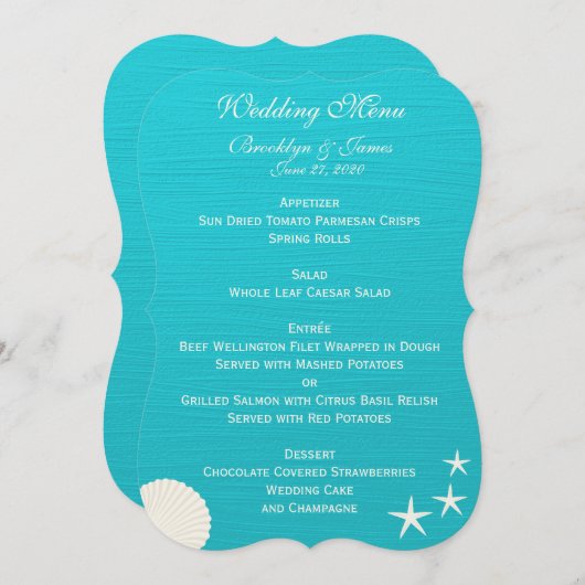 Schelp op het strand bruiloft menu aangepaste uitn kaart (Voorkant / Achterkant)