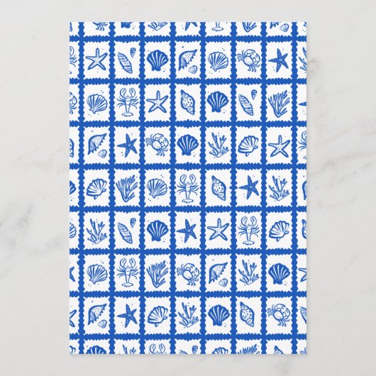 Schelp Raster Strand Bruiloft Blauw Wit AANPASBAAR Menu (Achterkant)