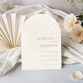 Schelp Strand Kust Ivoor & Gouden Boog Bruiloft Kaart