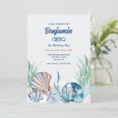 Schelp uitnodiging in blauw (Staand voorkant)