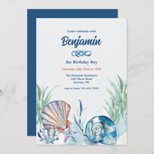 Schelp uitnodiging in blauw (Voorkant / Achterkant)