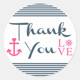 Schelpen Bedankt Blauw Strepen Anker & Roze Liefde Ronde Sticker