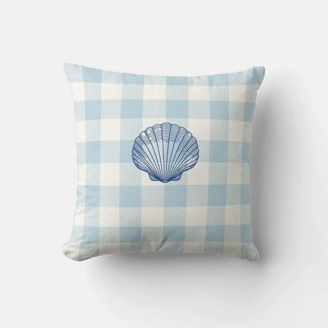 Schelpen Blauw Gingham Rut Kust Kussen (Voorkant)
