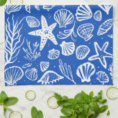 Schelpen Blauw & Wit Patroon Strand Schelpen Chic Theedoek (Gevouwen)